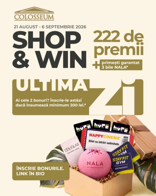 🔴 Ultima zi.
Până diseară, la 21:59, mai poți înscrie bonurile în SHOP & WIN.
Ai două bonuri de la magazine participante diferite, care împreună trec de 200 de lei? Îți ia două minute.
Succes la extrageri.*Min. 200 lei pe 2 bonuri, fiecare de min. 50 lei, din 2 magazine participante. Regulamentul pe colosseummall.ro.#ShopAndWin #ColosseumMall #MallTogetherNow