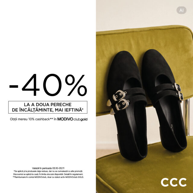Toamna aceasta, a doua pereche vine cu 40% reducere la @ccc Colosseum Mall! 🍂✨Până pe 5 noiembrie, beneficiezi de -40% discount la a doua pereche de încălțăminte (cea mai ieftină) din colecțiile de sezon. În plus, membrii MODIVO club gold primesc 10% cashback la achiziție.Rezolvă cumpărăturile de toamnă într-o vizită relaxată: găsești parcare gratuită și o zonă generoasă de cafenele și dining pentru pauza ta de shopping.📍 CCC · Colosseum Mall (Șos. Chitilei 284)Valabil în magazinul fizic până pe 5 noiembrie, în limita stocului. Regulament disponibil la casă.#ColosseumMall #MallTogetherNow #NeVedemAici #CCCShoes