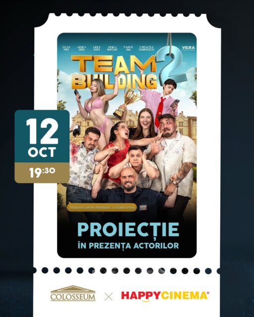 📅 Ședință extraordinară luni, 12 octombrie, la Happy Cinema Colosseum Mall.
Pe agendă: Proiecția Teambuilding 2 și întâlnirea cu actorii.La proiecție vin Anca Dinicu, Matei Dima, Anca Munteanu, Ianus Vlad, Funky Alex Mirnea, Denisa Ghiț, Bogdan Iancu, Emily Istrate, Darius Rădăc, Antonia Scutaru, Ștefan Voicu.​🕖 Îi prinzi la meet & greet de la 19:00, așa că pregătește-ți telefonul pentru poze. Proiecția începe la 19:30.Prezența nu e obligatorie, dar ar fi păcat să ratezi așa meeting.
🎟️ Bilete la link în bio sau la casele Happy Cinema din mall.#ColosseumMall #Teambuilding2 #HappyCinema #MallTogetherNow #NeVedemAici